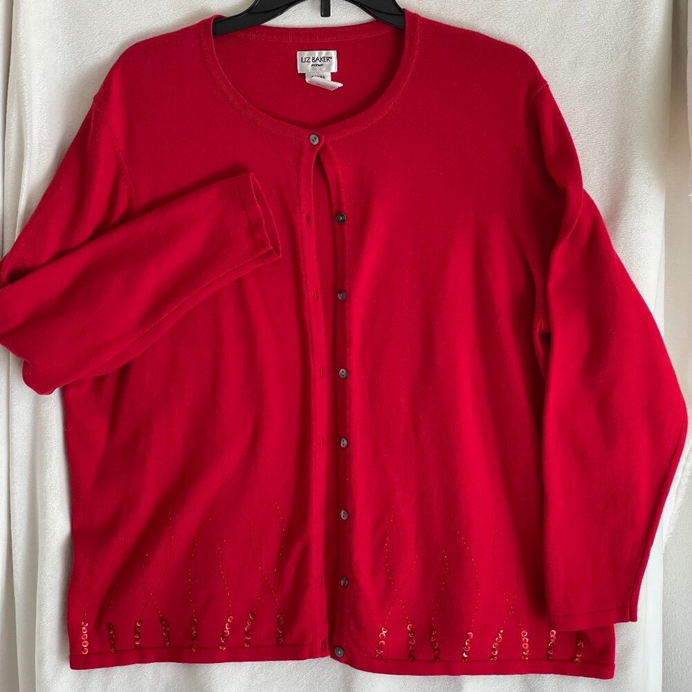 Liz Baker 1X Holiday Sequin Embellished Red Cardigan Sweater Long Sleeve Buttons